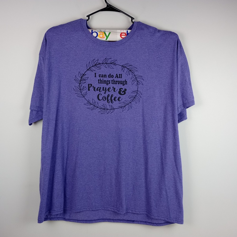 Fruit of the Loom Mens 3XL Prayer & Coffee Graphic T-Shirt Purple Heathered Tee